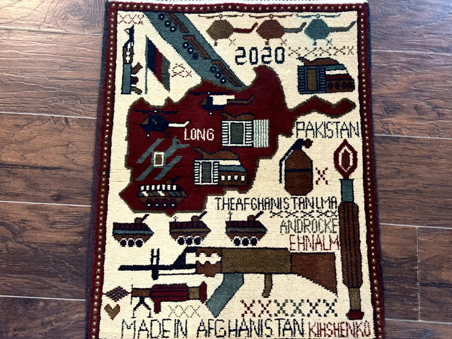 Afghan War Rug 2 x 2.6, Guns Tanks Helicopters - Nuvé