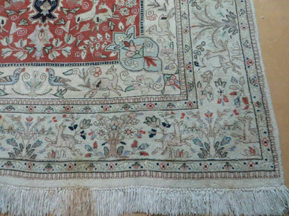 6' X 9' Vintage Handmade India Oriental Floral Wool Rug Hunting Bird Deer Nice - Nuvé