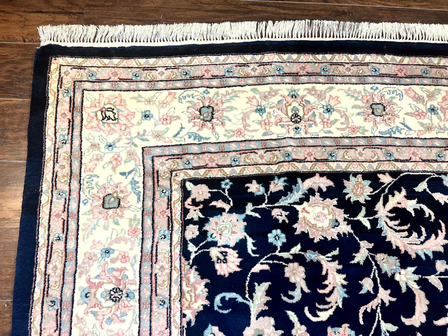 Indo Persian Rug 9x12, Navy Blue and Ivory/Cream, Floral Allover, Wool Vintage Handmade Carpet - Nuvé