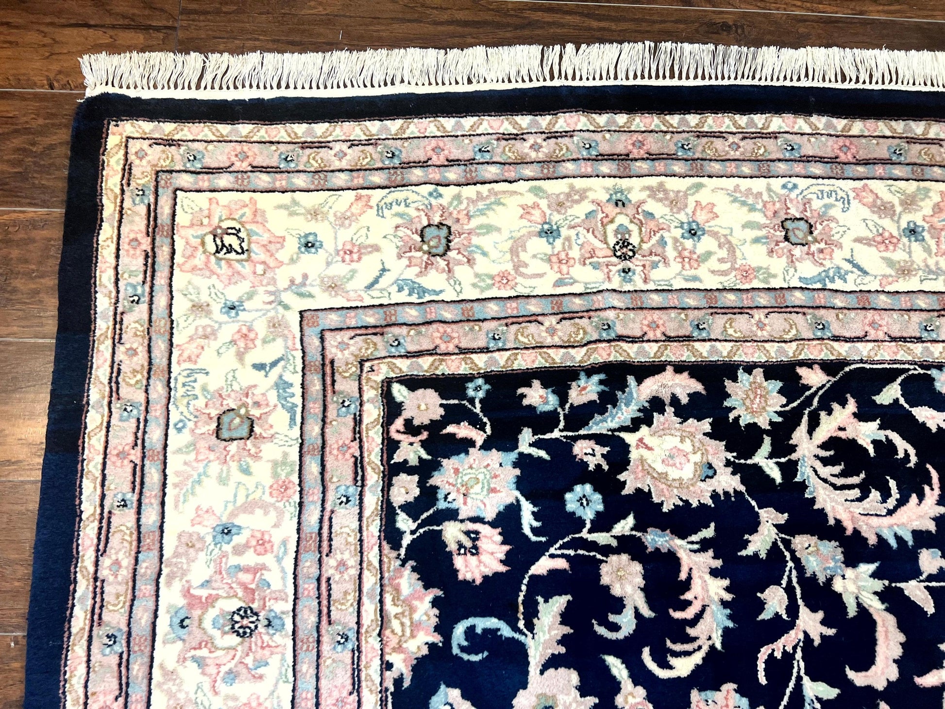 Indo Persian Rug 9x12, Navy Blue and Ivory/Cream, Floral Allover, Wool Vintage Handmade Carpet - Nuvé