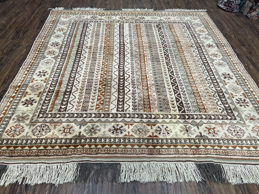 Striped Turkish Anatolian Rug 6x7 Almost Square Shaped Carpet Handmade Vintage Oriental Rug, Living Room Rug, Neutral Colors Cream, Wool Rug - Nuvé
