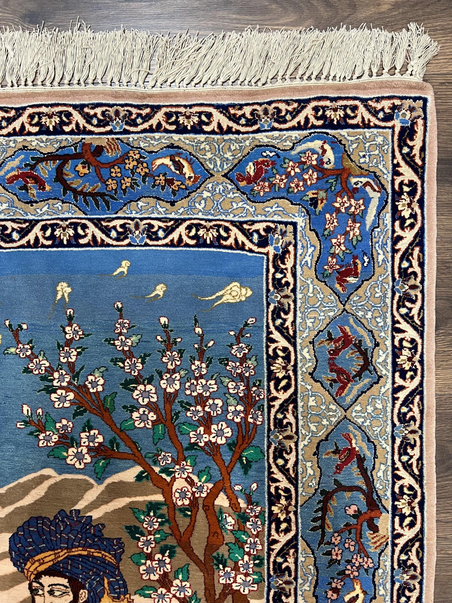 Fine Persian Isfahan Pictorial Rug 3.7 x 5, Kork Wool on Silk Foundation, Blue Persian Carpet, Hand Knotted, Humans Birds, High KPSI, Semi Antique - Nuvé