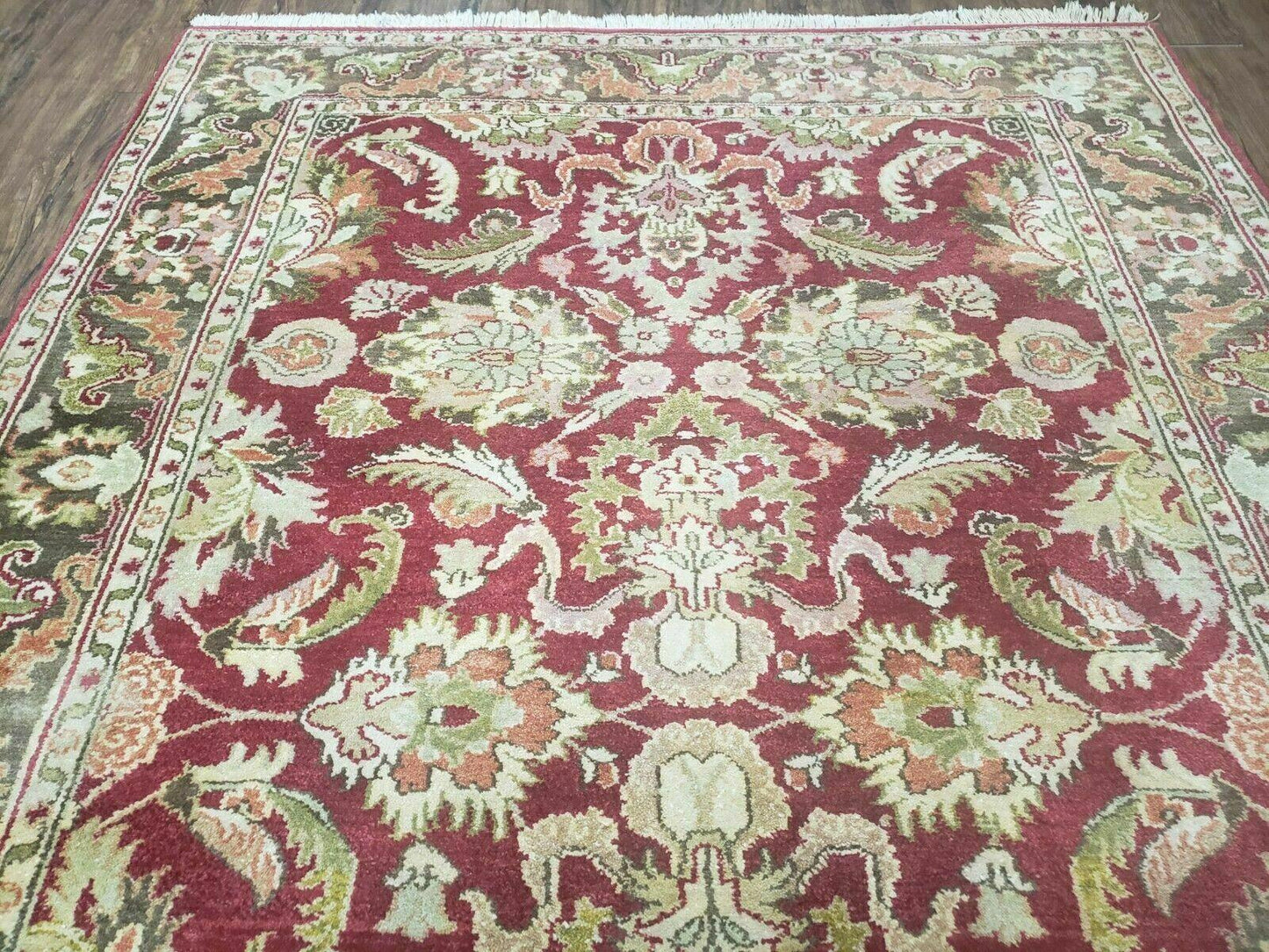 Indo Persian Rug 6x9, Hand Knotted Vintage Indian Sultanabad Agra Wool Rug, Handmade Oriental Carpet 6 x 9, Red Large Floral Design - Nuvé