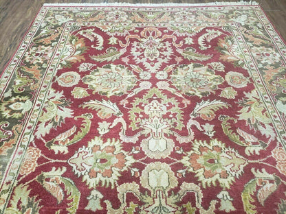 Indo Persian Rug 6x9, Hand Knotted Vintage Indian Sultanabad Agra Wool Rug, Handmade Oriental Carpet 6 x 9, Red Large Floral Design - Nuvé