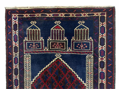 3x5 Vintage Handmade Tribal Wool Rug Balouchi Prayer Rug Afghan Rug Red Blue Wow - Nuvé