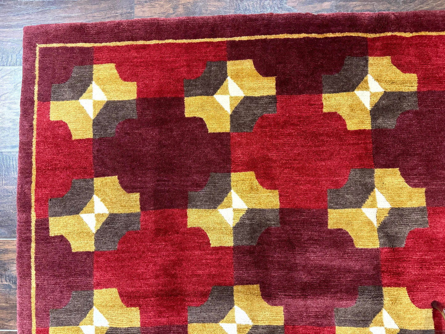 Modern Tibetan Rug 5 x 6.8, Wool, Red, Allover Pattern, Nepali Rug, Abstract Rug, Handmade Area Rug - Nuvé