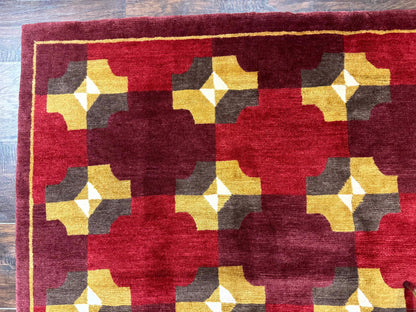 Modern Tibetan Rug 5 x 6.8, Wool, Red, Allover Pattern, Nepali Rug, Abstract Rug, Handmade Area Rug - Nuvé