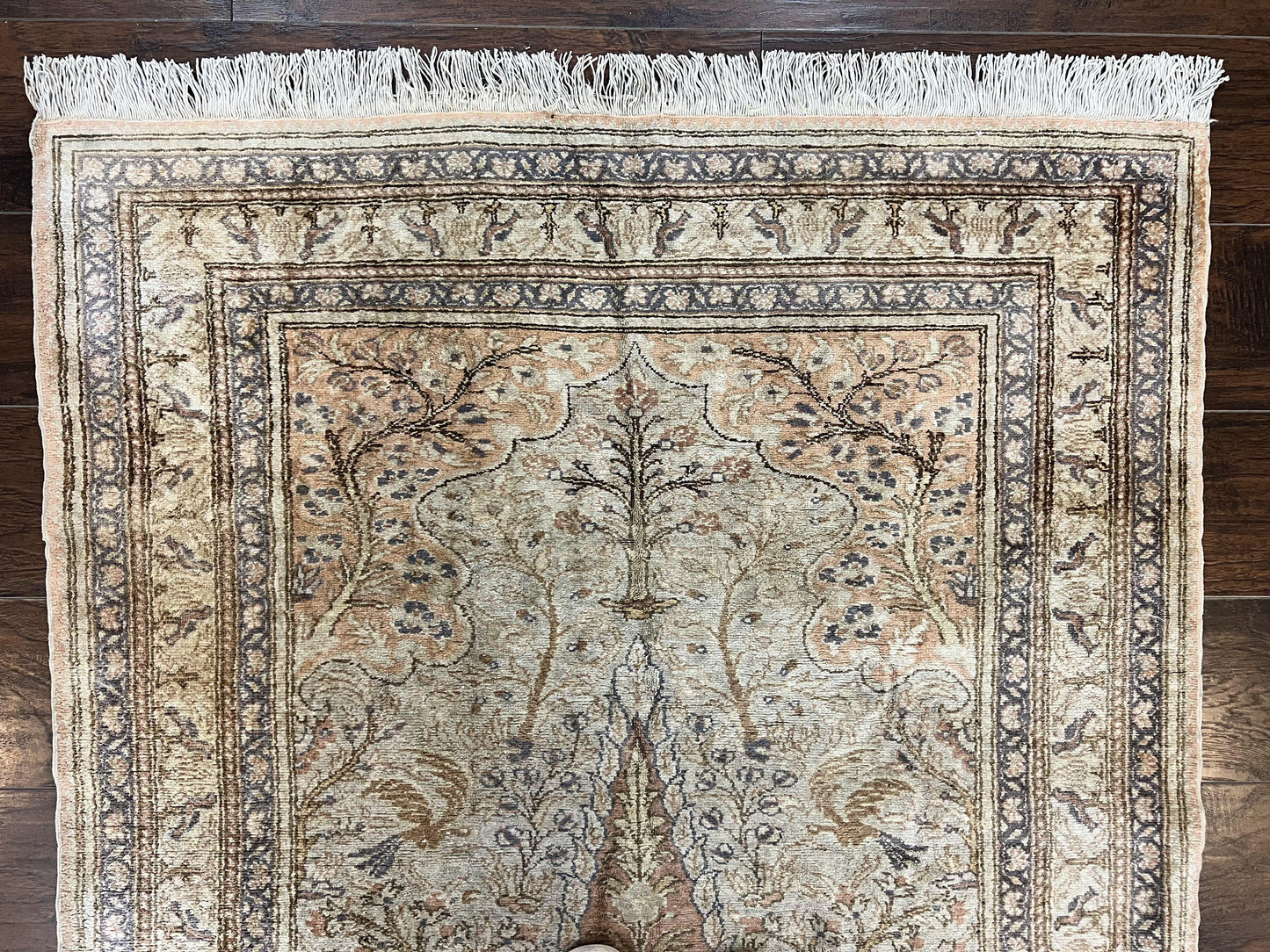 Turkish Kayseri Silk Rug 4x6, Tree of Life Pattern, Vintage Handmade Hand Knotted Carpet, Animal Pictorials, Birds - Nuvé