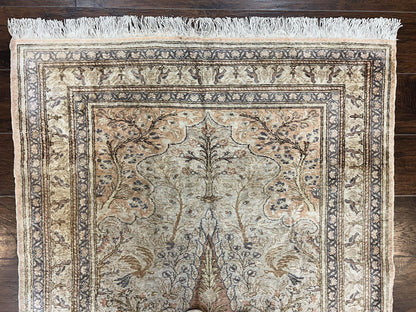 Turkish Kayseri Silk Rug 4x6, Tree of Life Pattern, Vintage Handmade Hand Knotted Carpet, Animal Pictorials, Birds - Nuvé