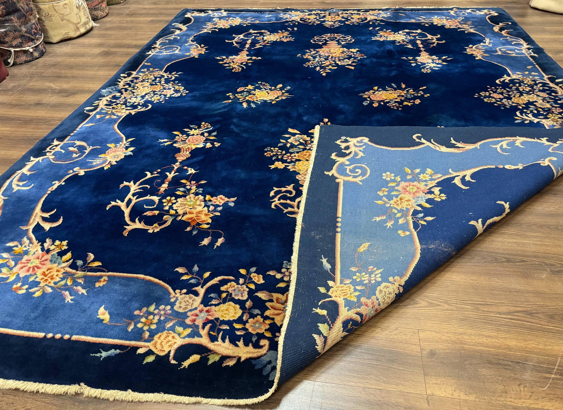 Blue Chinese Art Deco Rug 9x12, Vintage Antique Chinese Wool Rug, Chinese Fette Rug - Nuvé
