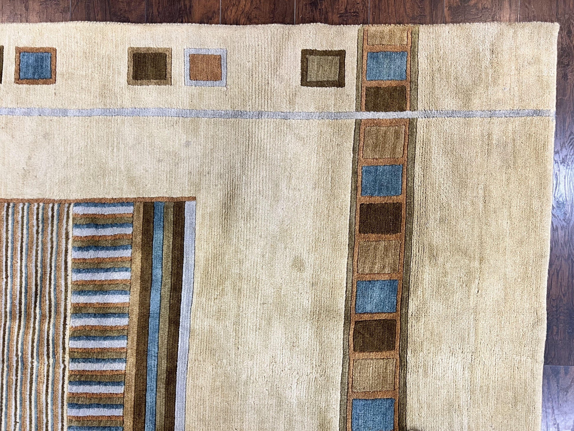 Tibetan Rug 5x8, Contemporary Rug 5 x 8 ft, Cream Brown Blue Hand-Knotted Wool w/ Silk Highlights Tibetan Carpet, Modern Rug - Nuvé