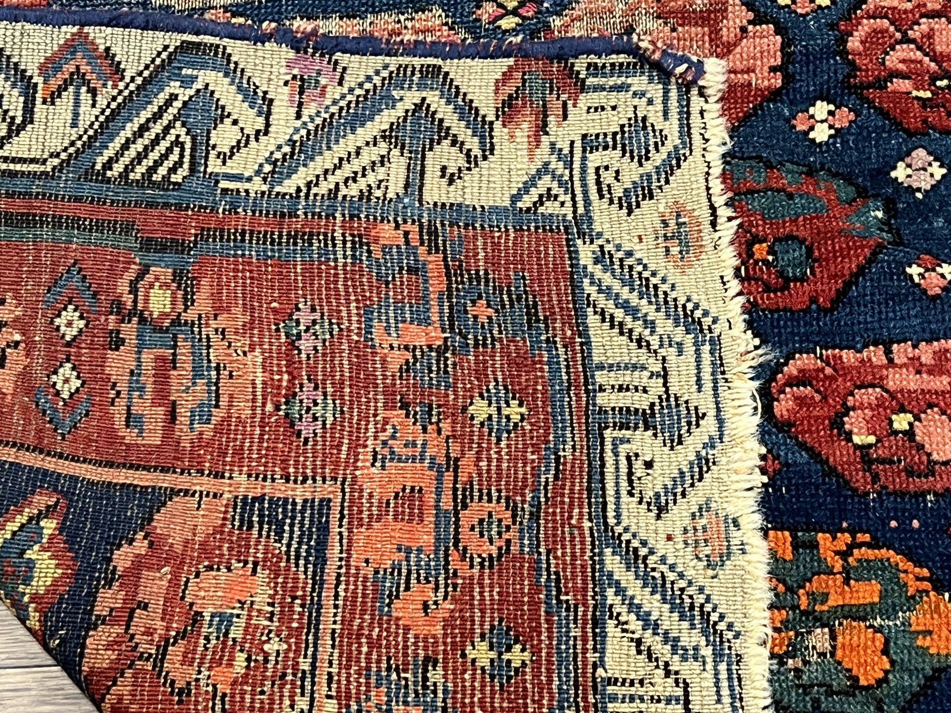 Antique Seychour Rug 4x7, Collectible Kuba Caucasian Carpet, Wool Handmade, Red Navy Blue Cream, Repeated Allover Motif, Early 20th Century - Nuvé