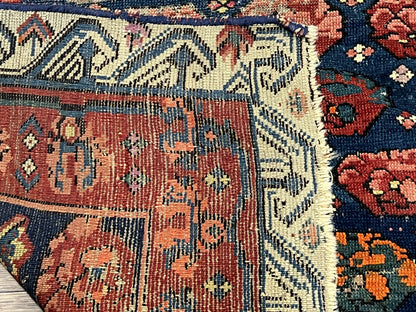 Antique Seychour Rug 4x7, Collectible Kuba Caucasian Carpet, Wool Handmade, Red Navy Blue Cream, Repeated Allover Motif, Early 20th Century - Nuvé