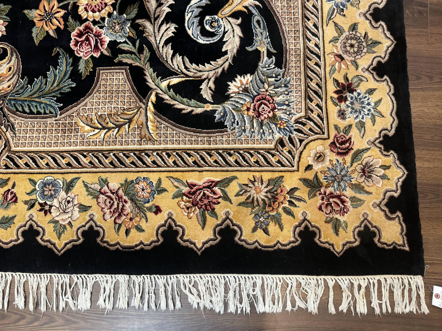 Aubusson Rug 9x12, Black and Beige, Floral, Elegant Handmade French European Design Carpet - Nuvé