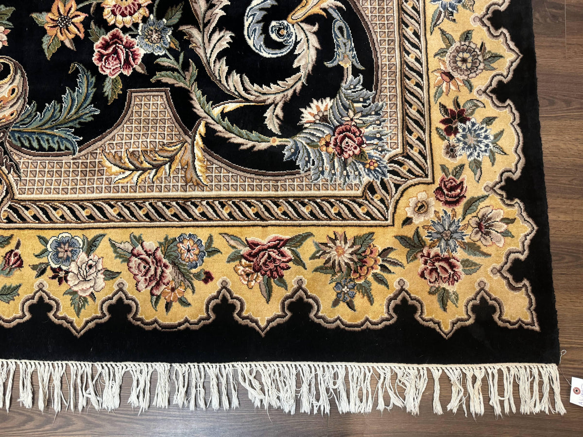 Aubusson Rug 9x12, Black and Beige, Floral, Elegant Handmade French European Design Carpet