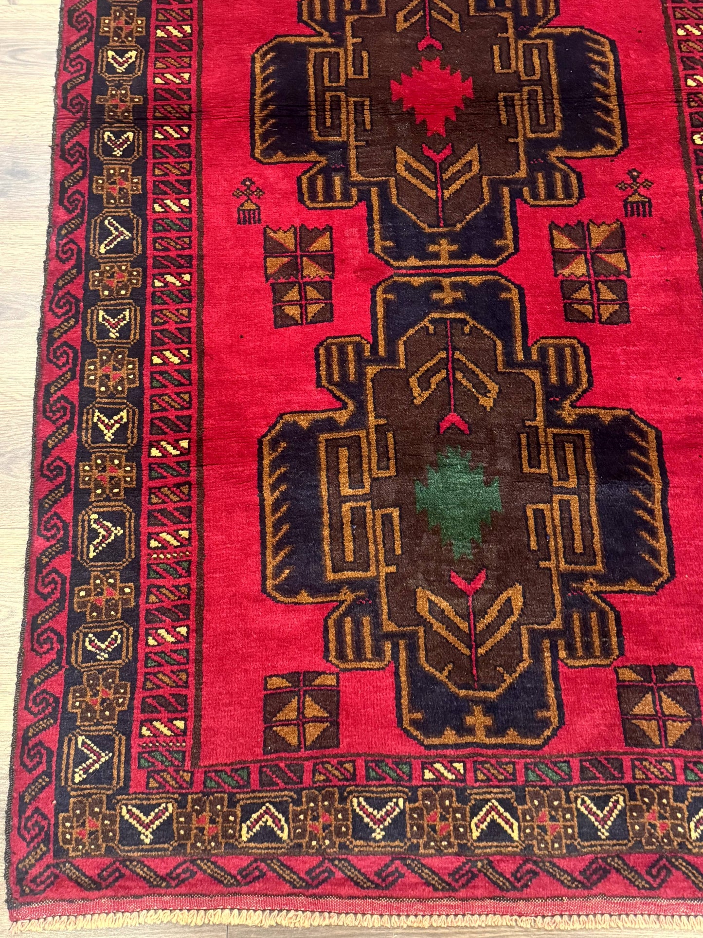 Red Afghan Balouch Rug 4x7, Triple Medallions, Handmade, New - Nuvé