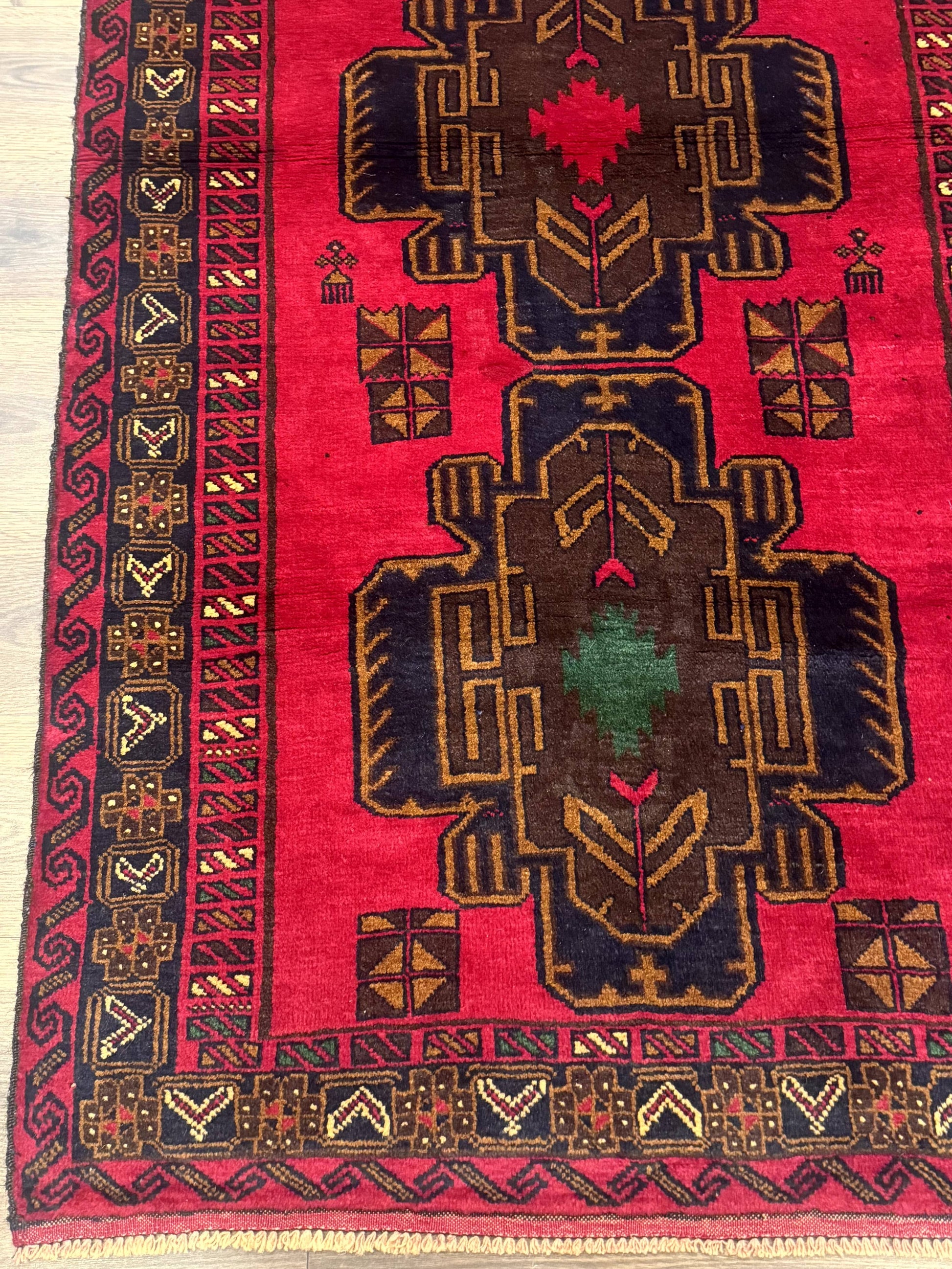 Red Afghan Balouch Rug 4x7, Triple Medallions, Handmade, New - Nuvé