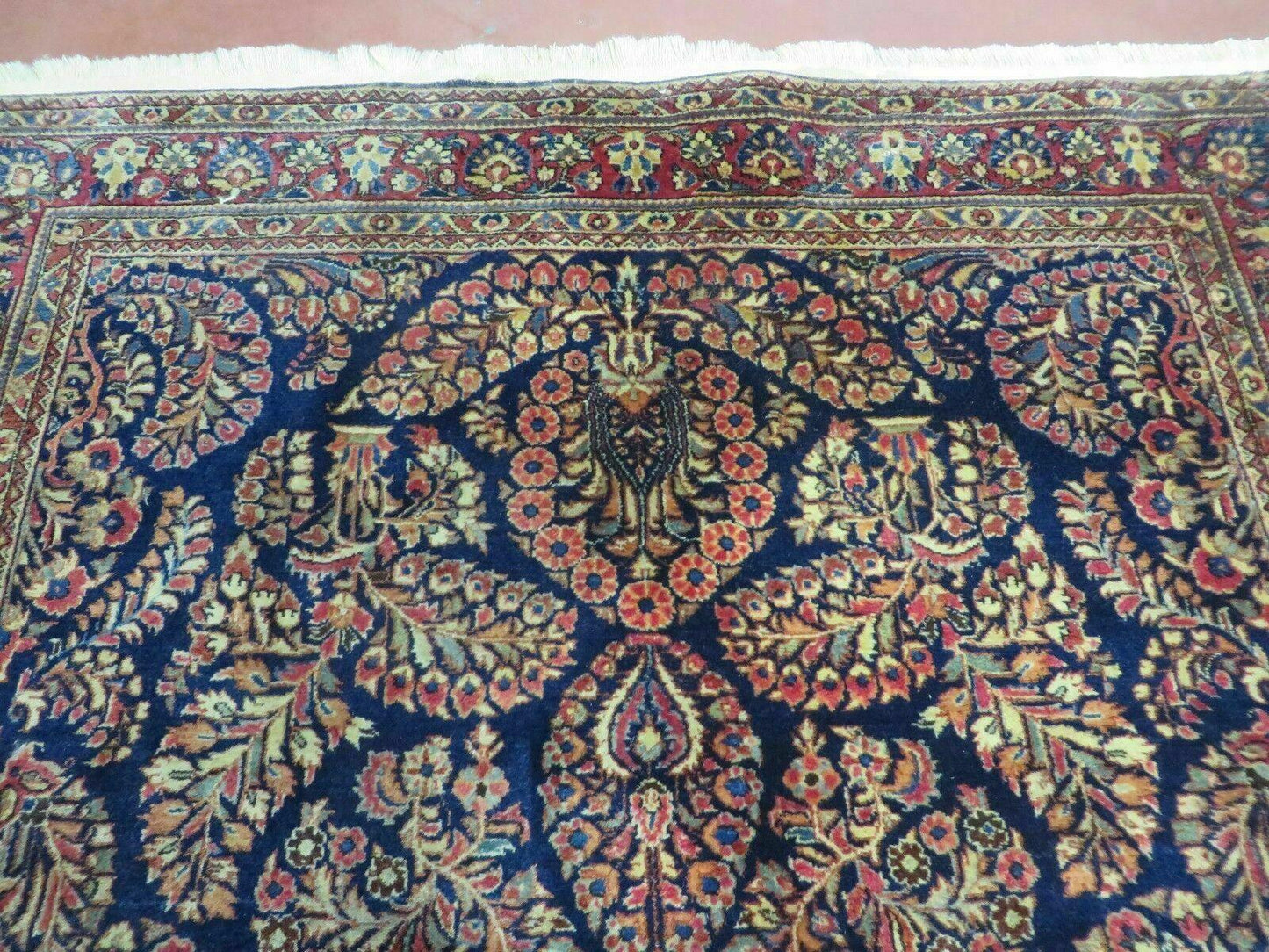Antique Persian Sarouk Rug 4x6, Hand Knotted 1920s Oriental Carpet 4 x 6 ft, Navy Blue and Red Wool Rug, Handmade Floral Allover Persian Area Rug - Nuvé