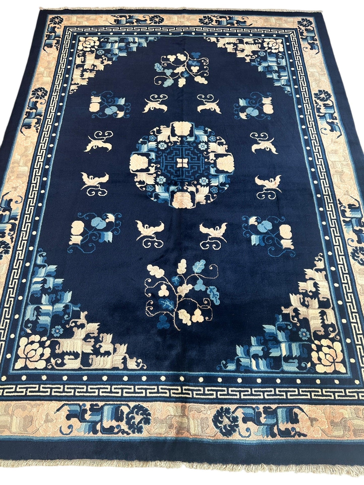Hand-Knotted Antique Chinese Peking Wool Rug – 5’6” x 7’6” – Full Pile Navy and Cream Design - Nuvé