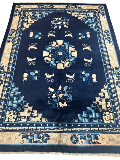 Hand-Knotted Antique Chinese Peking Wool Rug – 5’6” x 7’6” – Full Pile Navy and Cream Design - Nuvé