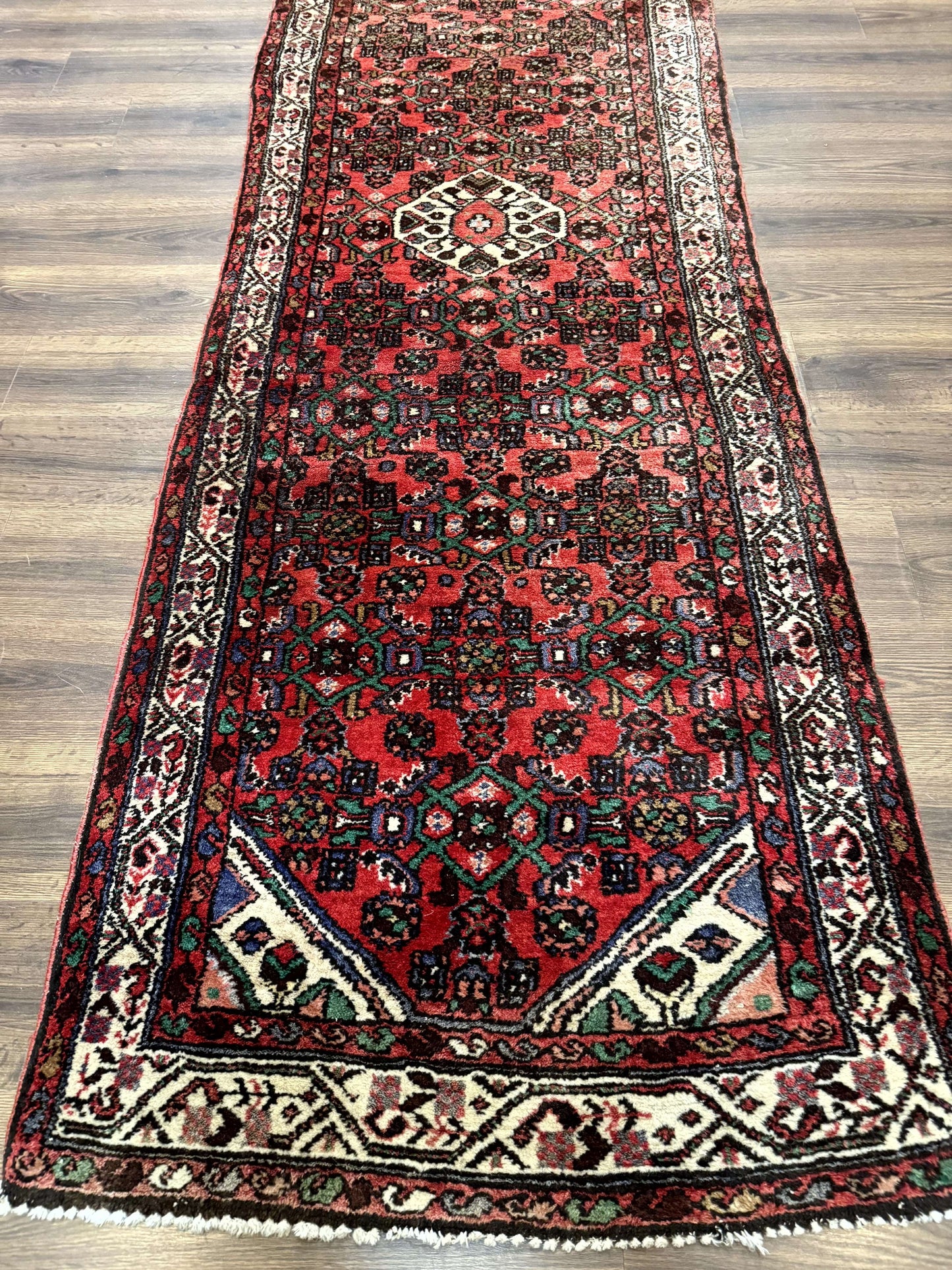 Persian Runner Rug 3x10, Wool Hand Knotted Hallway Rug 3 x 10 ft, Red and Ivory, Hamadan Angelas Runner - Nuvé