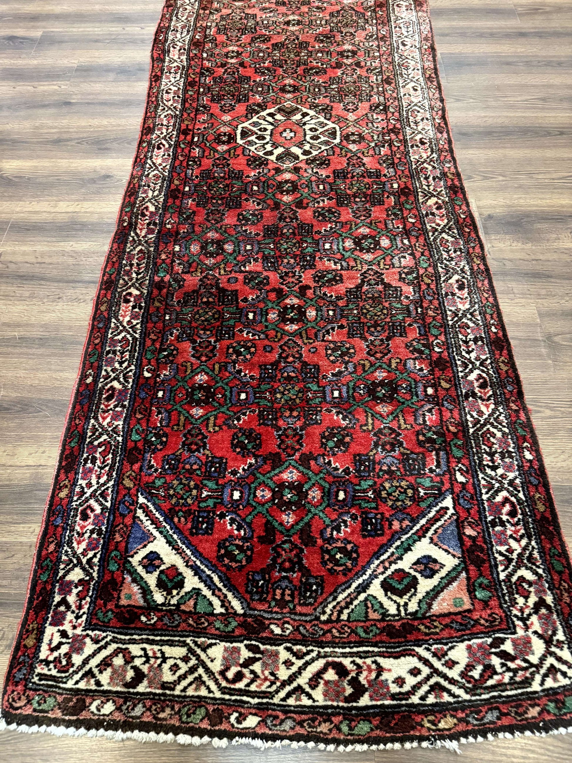 Persian Runner Rug 3x10, Wool Hand Knotted Hallway Rug 3 x 10 ft, Red and Ivory, Hamadan Angelas Runner - Nuvé