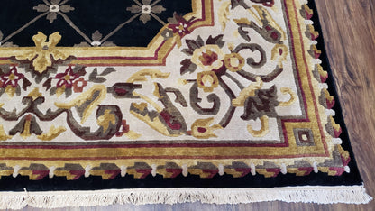 Nepal Rug 6x9, New Aubusson Nepalese Tibetan Carpet 6'1" x 8' 8", Hand-Knotted Wool, Unused, Black & Cream, Savonnerie Pattern, Soft Pile - Nuvé