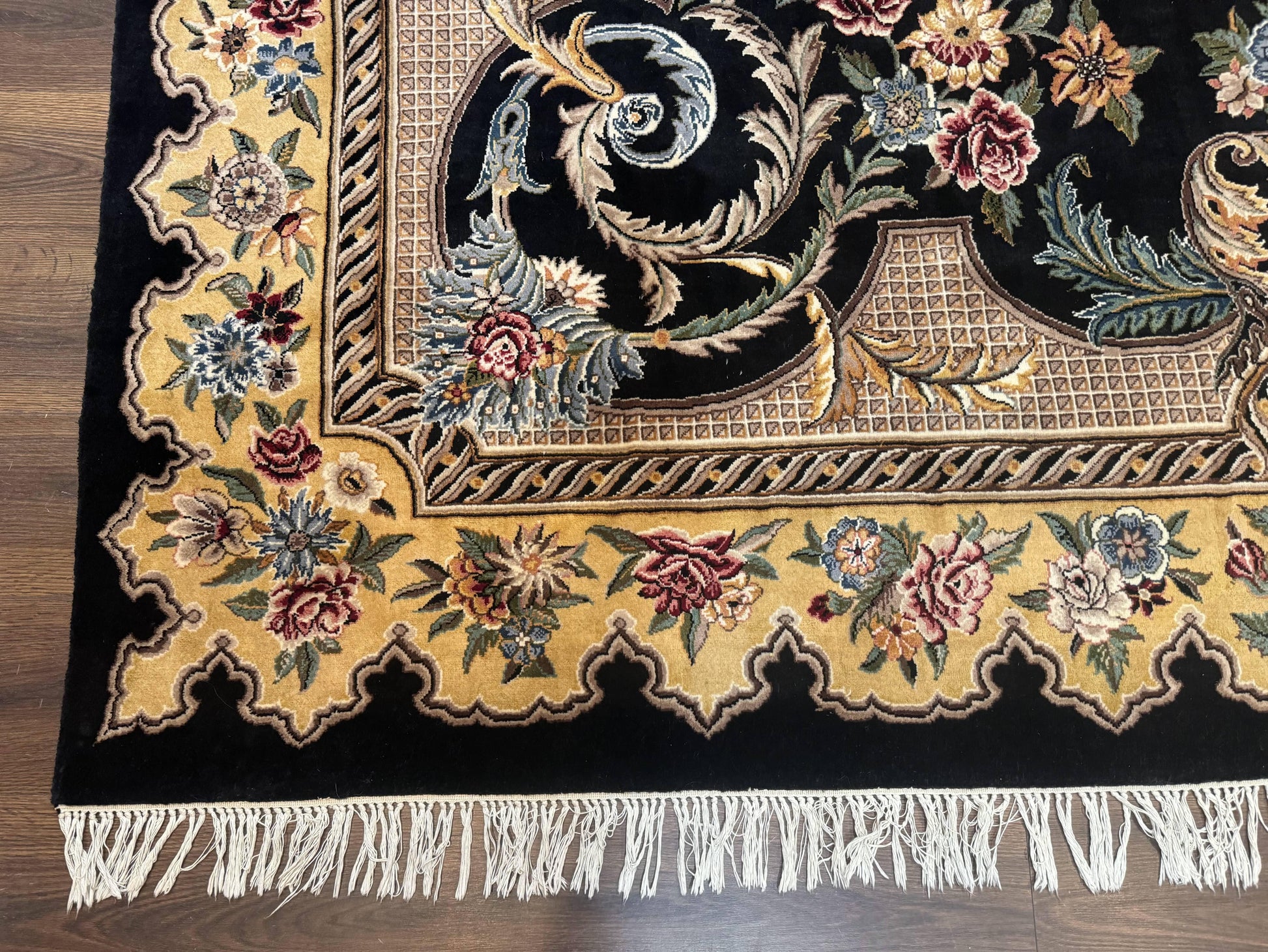Aubusson Rug 9x12, Black and Beige, Floral, Elegant Handmade French European Design Carpet - Nuvé