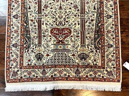 Pak Perisan Prayer Rug 4x6, Tree of LIfe Carpet, Handmade Vintage Wool Rug, Beige, Floral Vases - Nuvé