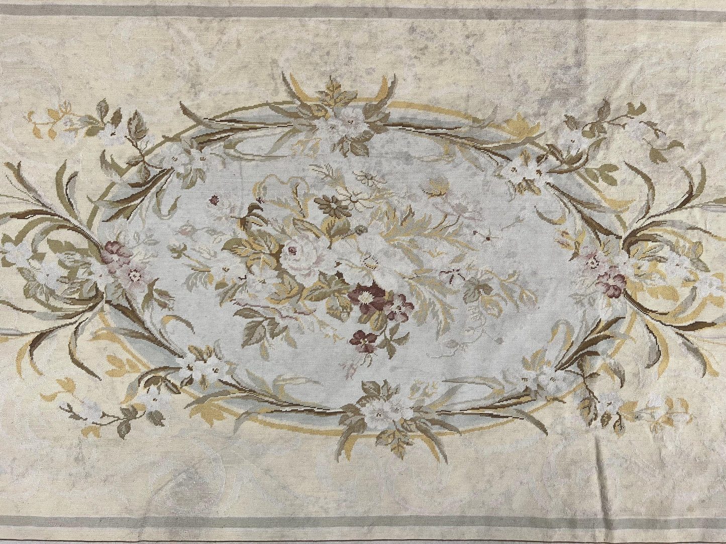 Needlepoint Rug 6x9, Elegant European Design Aubusson Carpet, Vintage Wool Handmade Rug, Light Yellow Ivory - Nuvé