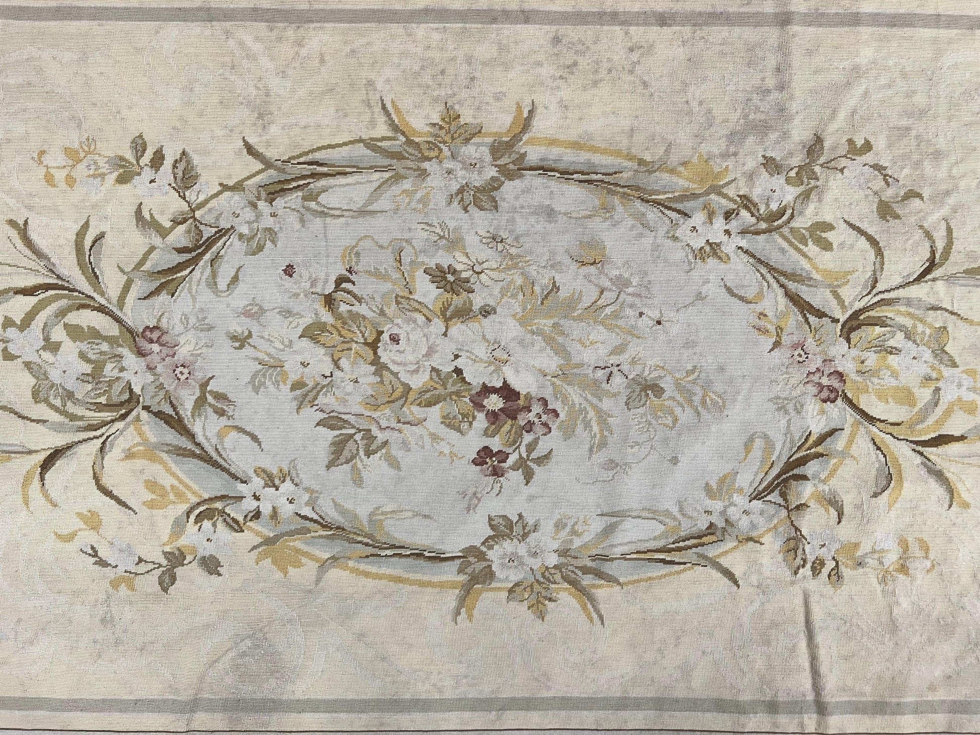 Needlepoint Rug 6x9, Elegant European Design Aubusson Carpet, Vintage Wool Handmade Rug, Light Yellow Ivory - Nuvé