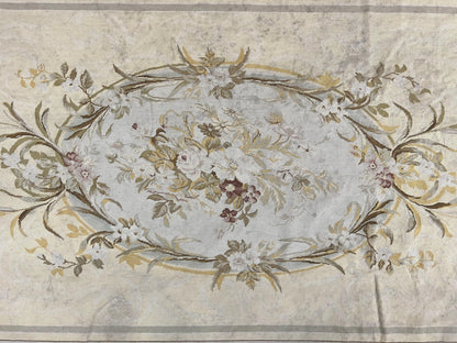 Needlepoint Rug 6x9, Elegant European Design Aubusson Carpet, Vintage Wool Handmade Rug, Light Yellow Ivory - Nuvé