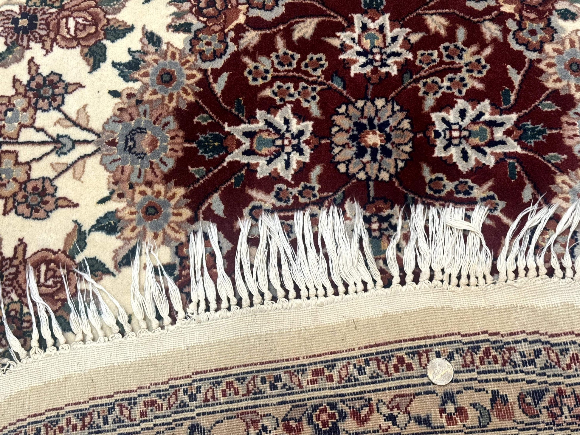 Round Sino Persian Rug 8x8, Wool and Silk, Floral Medallion, Ivory Dark Red - Nuvé