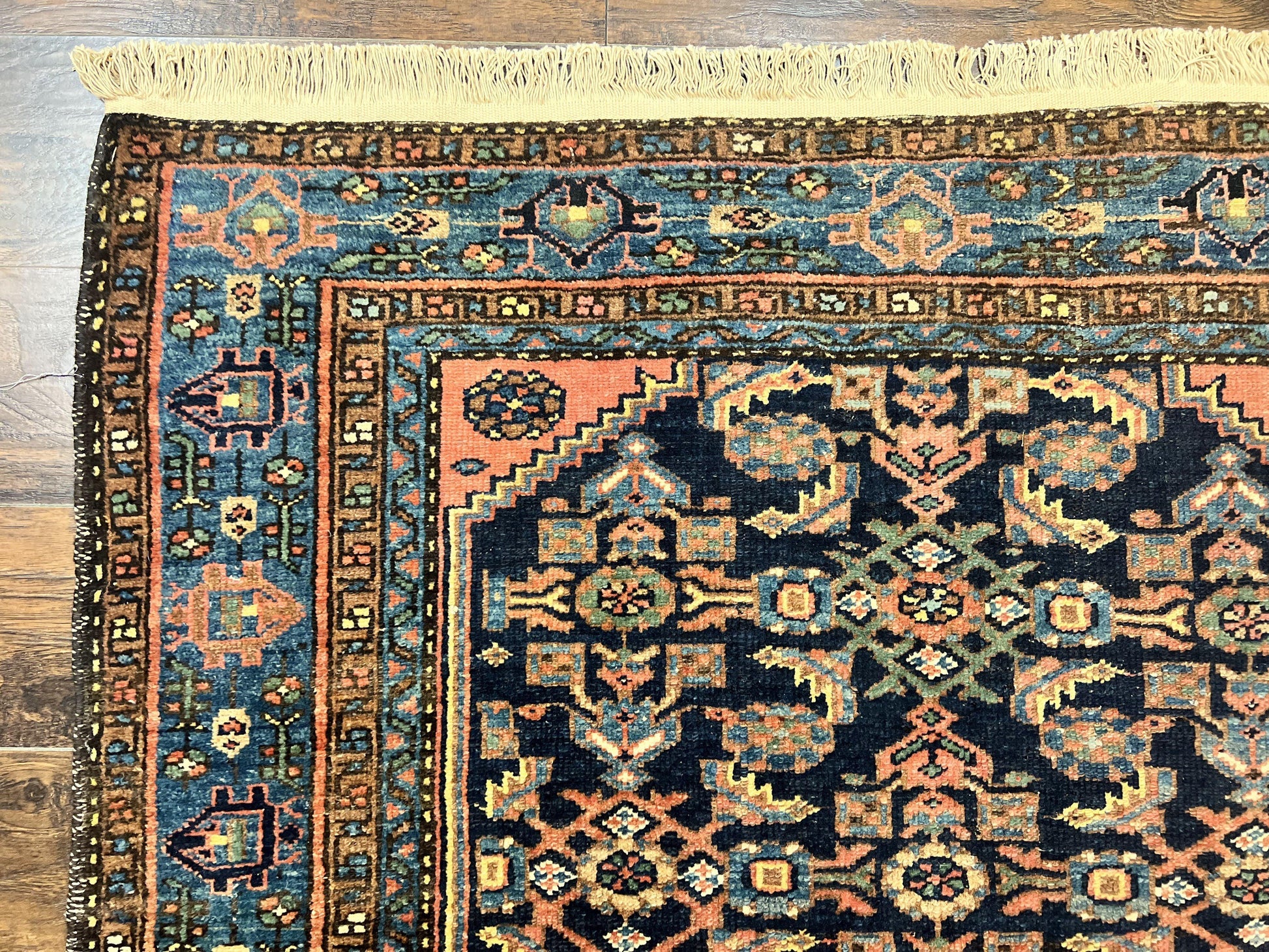 Antique Persian Tribal Rug 5x7, Navy Blue & Pink, Hand Knotted Handmade 1920s Wool Rug, Allover Pattern, Persian Hamadan Rug - Nuvé