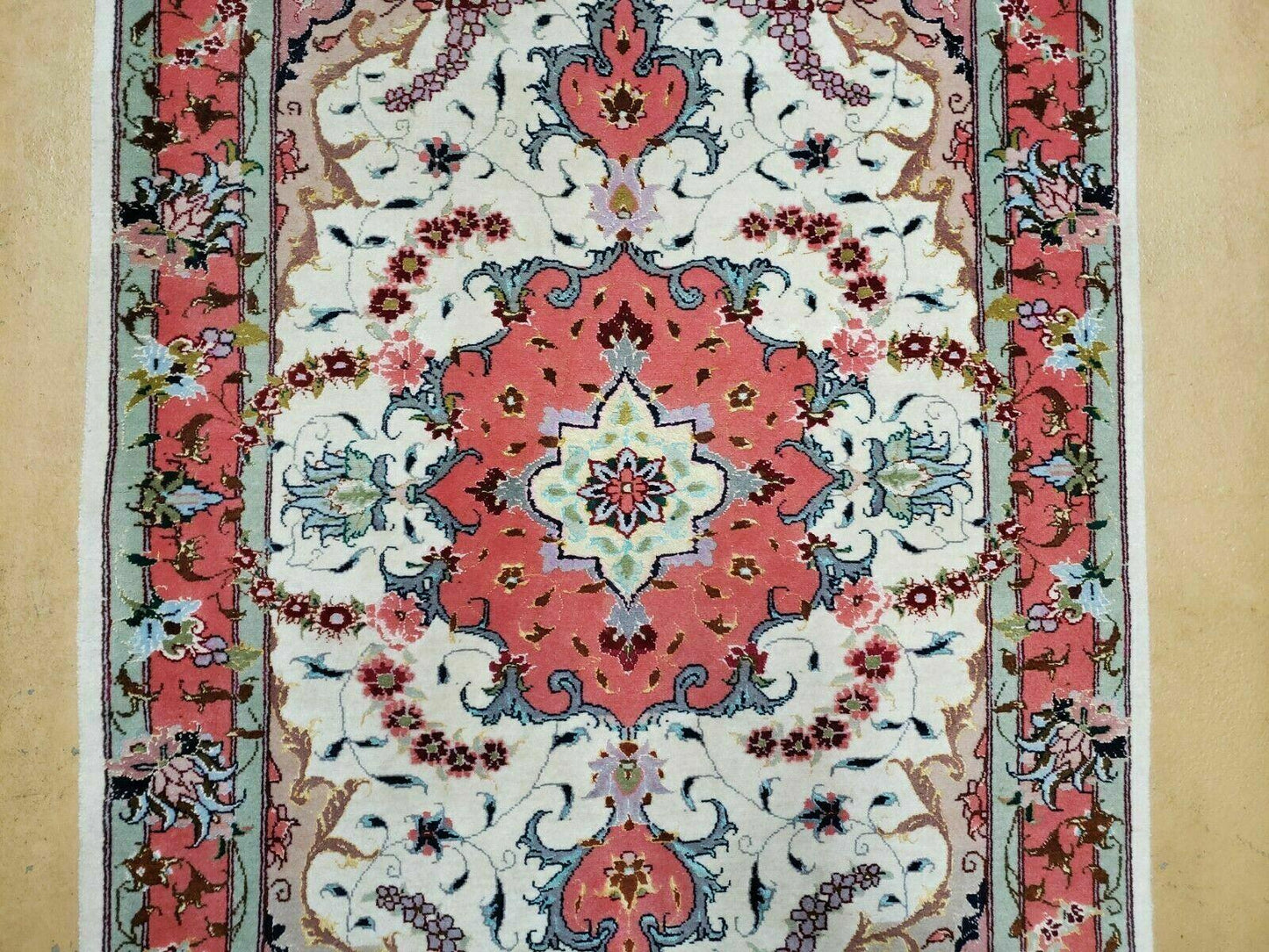 Small Vintage Persian Tabriz Wool and Silk Rug 2.5 x 4 ft, Very Finely Hand Knotted, Medallion, Ivory Salmon Light Blue, Top Quality, Pair B - Nuvé