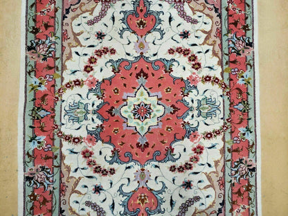 Small Vintage Persian Tabriz Wool and Silk Rug 2.5 x 4 ft, Very Finely Hand Knotted, Medallion, Ivory Salmon Light Blue, Top Quality, Pair B - Nuvé