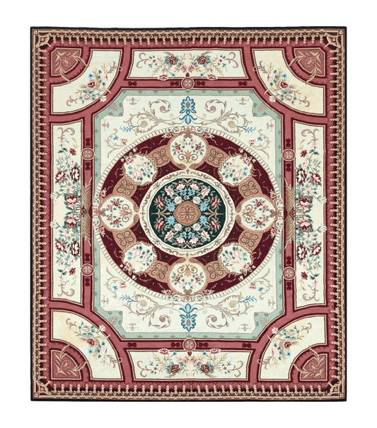 Needlepoint Rug 7.9 x 9, Beige Maroon Rose, Handmade Handwoven Flatweave Aubusson Savonnerie French European Elegant Carpet, Wool Rug