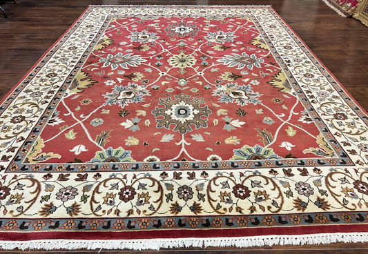 Indo Persian Rug 9x12, Wool Hand Knotted Vintage Carpet, Red & Ivory, Floral Allover, 9 x 12 Room Sized Rug - Nuvé
