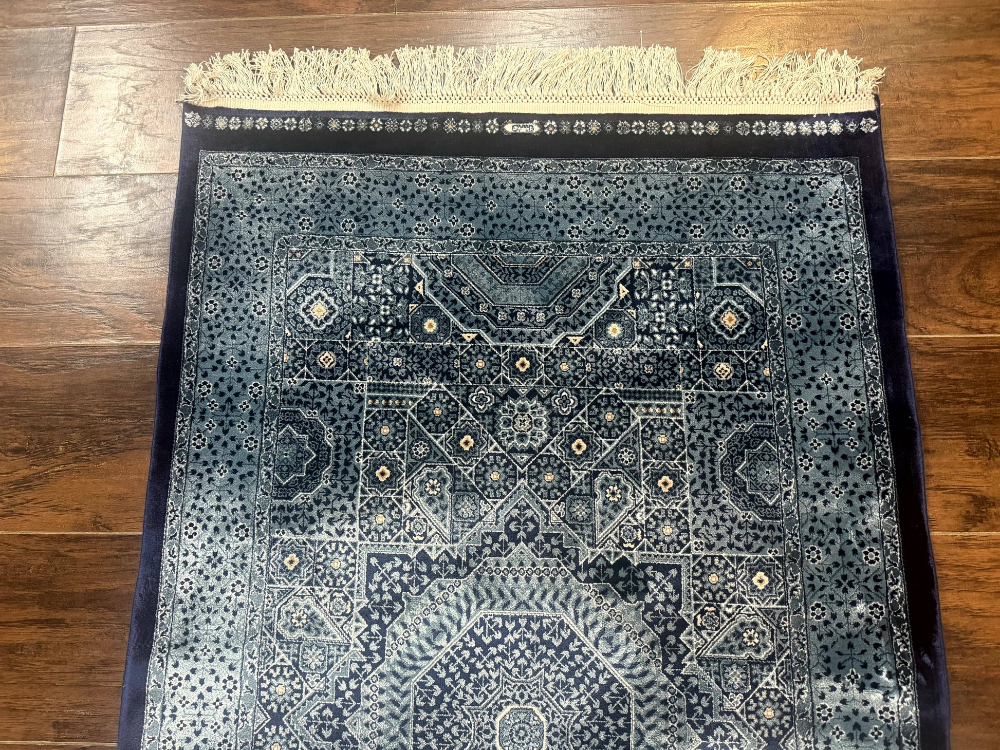 Blue Turkish Silk Hereke Rug 2.6 x 4, Mamluk Red, Blue, Bamboo Silk - Nuvé