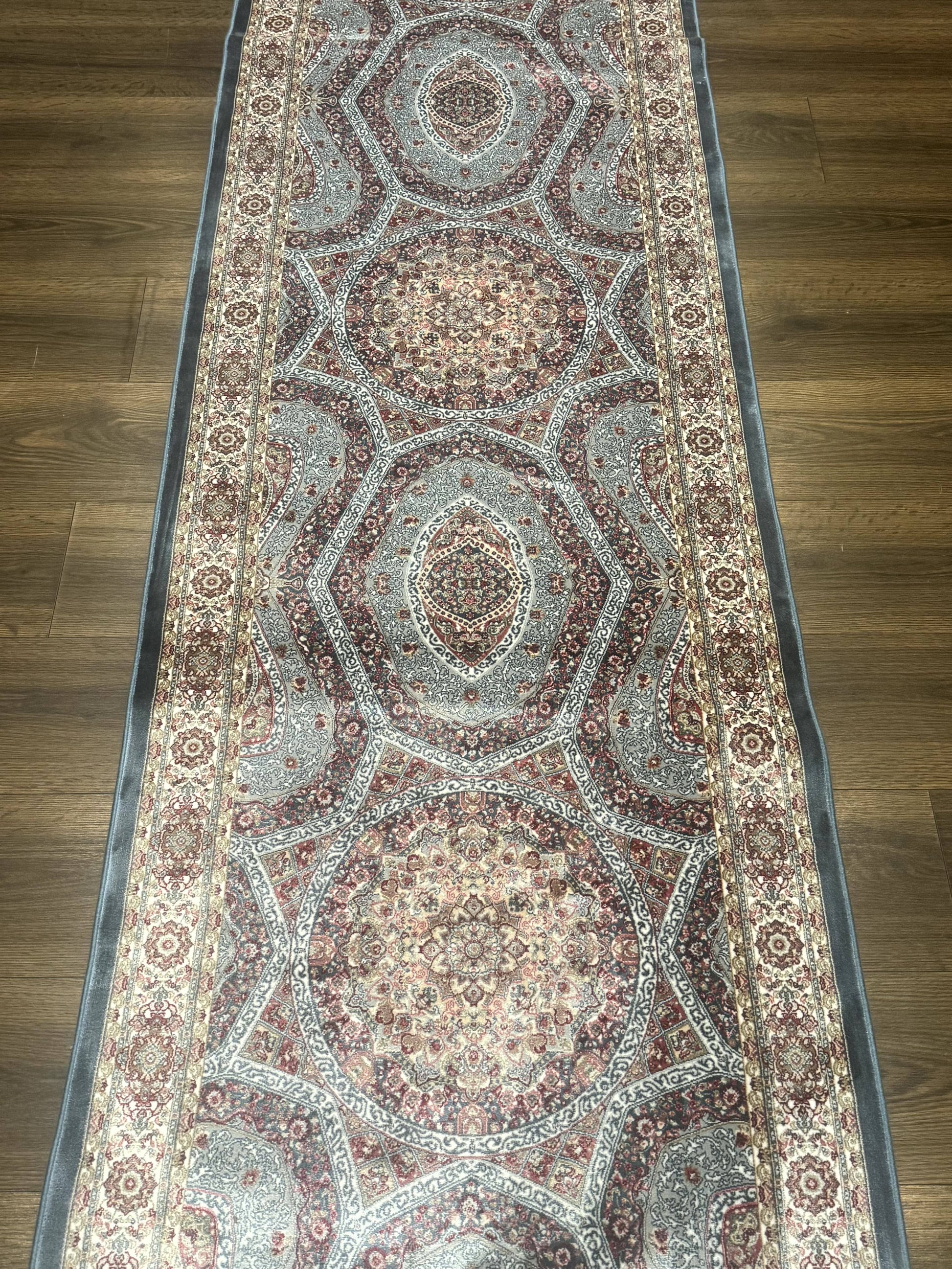 Turkish Silk Runner Rug 2.6 x 13, Blue Runner Rug, Dome Design, Bamboo Silk, New - Nuvé