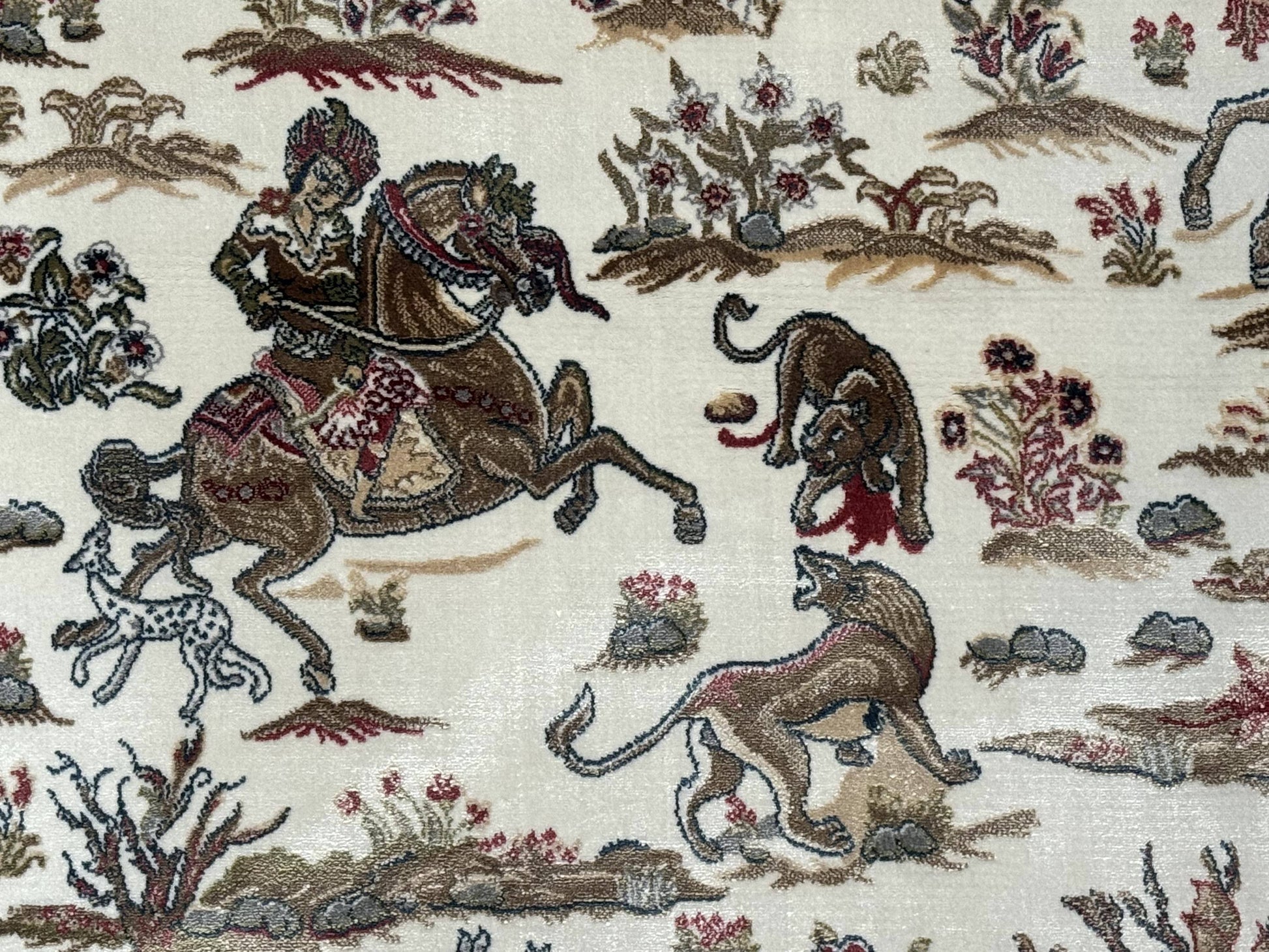 Turkish Silk Hunting Scene Rug 4x6, Ivory, Bamboo Silk, New - Nuvé