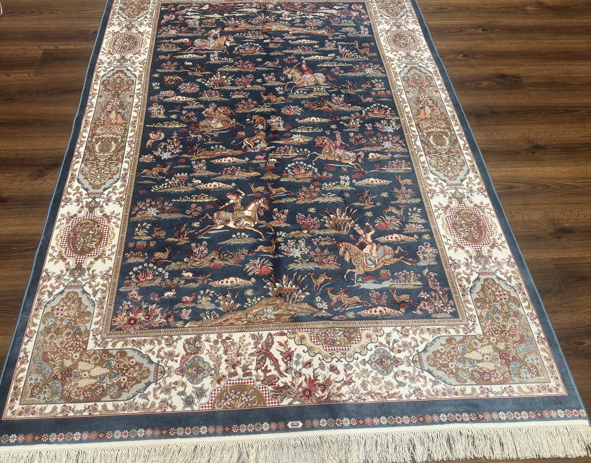 Turkish Silk Rug 5x8, Hunting Design, Animal Pictorials, Steel Blue & Ivory, Bamboo Silk - Nuvé