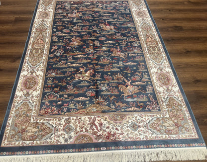 Turkish Silk Rug 5x8, Hunting Design, Animal Pictorials, Steel Blue & Ivory, Bamboo Silk - Nuvé
