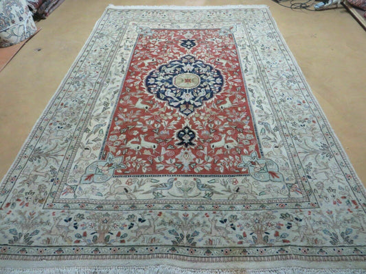 6' X 9' Vintage Handmade India Oriental Floral Wool Rug Hunting Bird Deer Nice - Nuvé