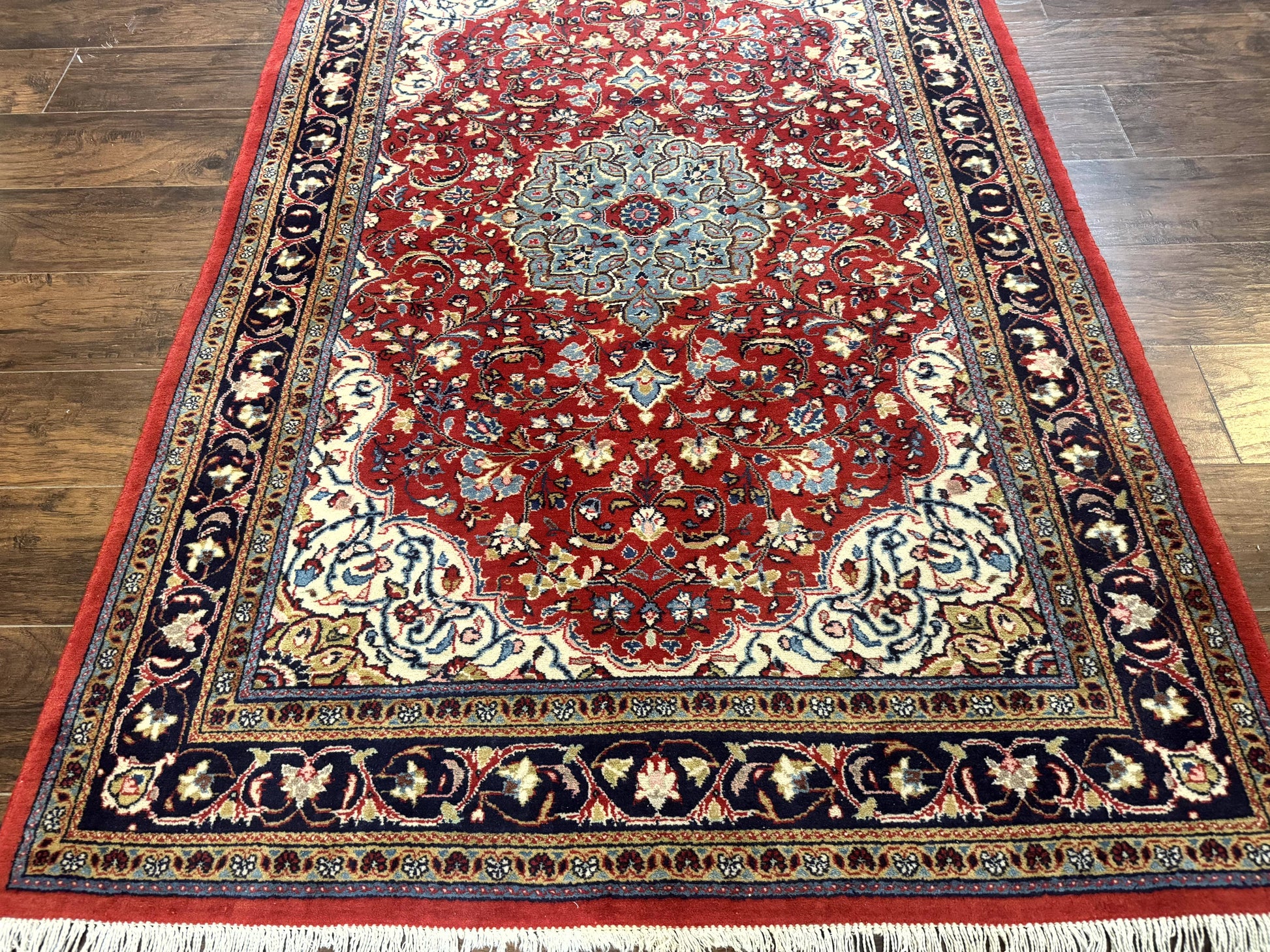 Persian Sarouk Rug 4x7, Red Navy Blue Vintage Wool Medallion Carpet - Nuvé