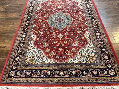 Persian Sarouk Rug 4x7, Red Navy Blue Vintage Wool Medallion Carpet - Nuvé