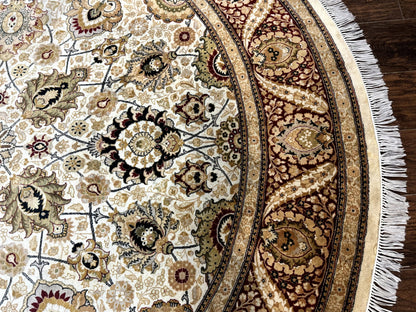 Round Pak Persian Rug 8x8, Vintage Handmade Wool Traditional Carpet, Beige Dark Red, Fine 270 KPSI - Nuvé