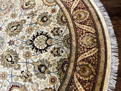 Round Pak Persian Rug 8x8, Vintage Handmade Wool Traditional Carpet, Beige Dark Red, Fine 270 KPSI