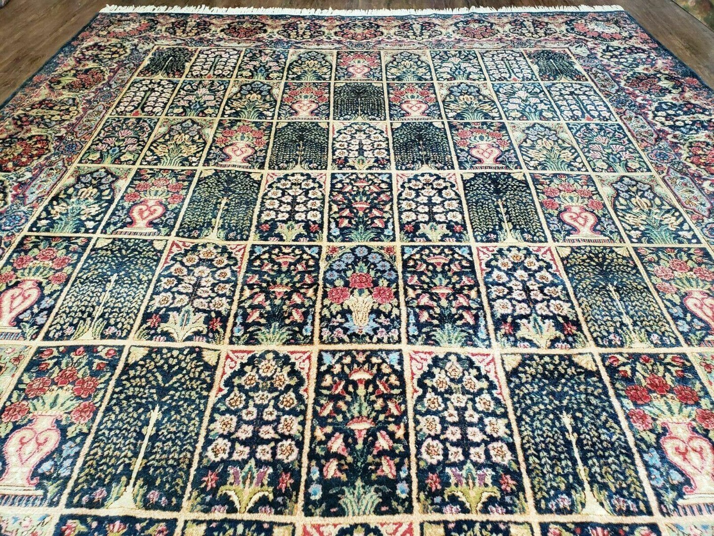 Persian Rug 10x15, Authentic Oriental Carpet 10 x 15, Wool Area Rug Panel Design Hand-Knotted Vintage Kirman Yazd Rug, Dark Blue and Beige,  Floral - Nuvé