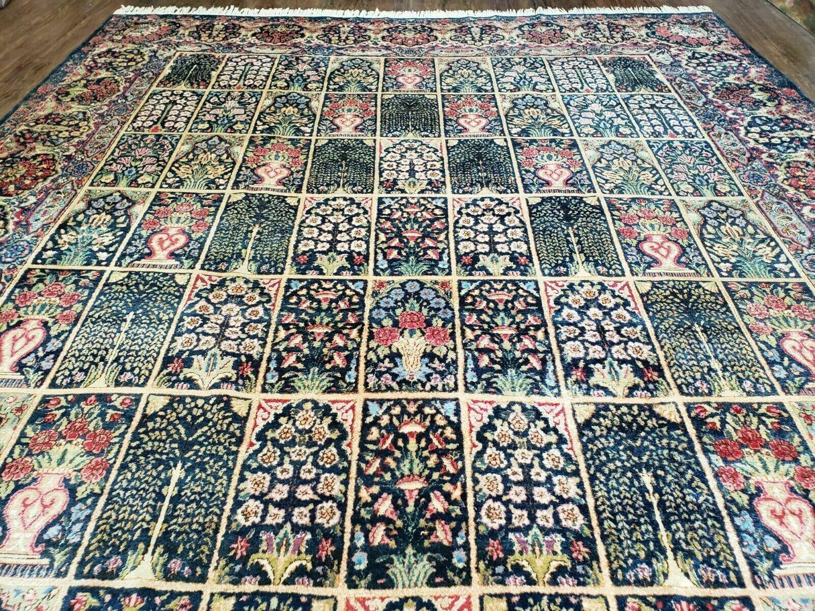 Persian Rug 10x15, Authentic Oriental Carpet 10 x 15, Wool Area Rug Panel Design Hand-Knotted Vintage Kirman Yazd Rug, Dark Blue and Beige,  Floral - Nuvé